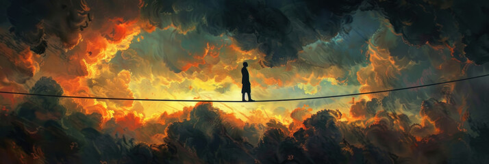 A man stands confidently on a tightrope suspended in the middle of a cloudy sky, showcasing impressive balance and nerve