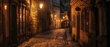Fototapeta Fototapeta uliczki - The old quarter's narrow streets, illuminated by the soft golden light of lanterns, evoke a sense of history and mystery under the night sky.
