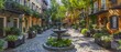A cobblestone alleyway opens up to reveal a classic fountain centerpiece, framed by lush potted plants and historic townhouses.