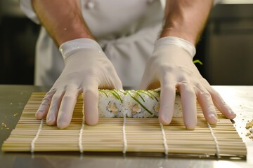 Wall Mural - chef rolling a california roll on bamboo mat