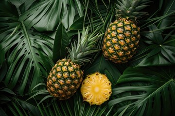  Pineapple fruit on tropical leaves background.