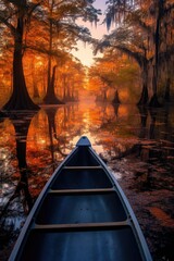 Wall Mural - Canoeing in the swamp at sunrise