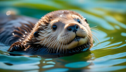 Wall Mural - Closeup of a baby sea otter swimming in water with rays of sunlight shining through