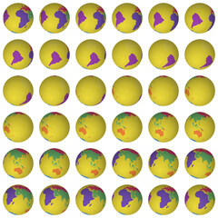 Poster - Collection of earth globes. Tilted sphere view. Rotation step 10 degrees. Colored continents style. World map with graticule lines on white background. Vibrant vector illustration.