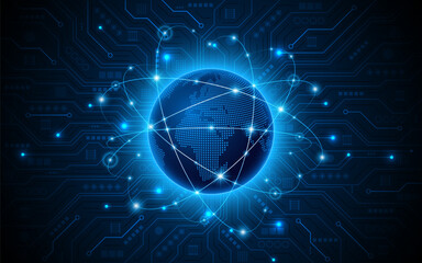 Fototapete - Global connection network background. World map with technology circuit boards. Internet technology concept or global communication