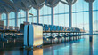 A chic suitcase stands prominently in a sunlit, modern terminal, reflecting the ease and style of contemporary travel