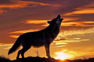 Wall Mural - wolf howling on hill with sunset behind