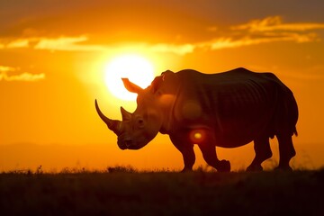 Wall Mural - rhinoceros silhouette, suns last rays behind