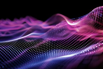 Poster - Data technology illustration. Abstract futuristic background. Wave with connecting dots and lines on dark background. Wave of particles