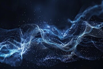 Poster - Data technology illustration. Abstract futuristic background. Wave with connecting dots and lines on dark background. Wave of particles