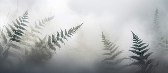 Wall Mural - A monochrome photograph capturing the serene atmosphere of a foggy natural landscape, with a close up of a fern leaf resembling an eyelash in the misty grey fog