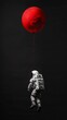 a red balloon with an astronaut flying through the air, in the style of experimental cinematography