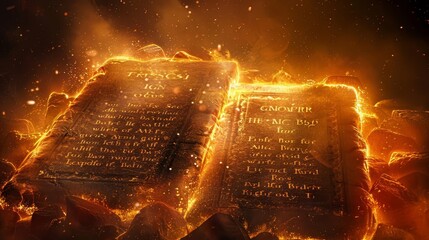 Wall Mural - The Ten Commandments etched on stone tablets by the hand of God, illustration with fire effect