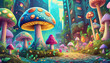  Oil painting style Mushrooms growing in the city