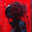 person with a head full of wires, in the style of cyberpunk, intricate costumes, red and black