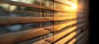 A closeup of the blinds in an office window, with sunlight filtering through them creating diagonal stripes on their surface Generative AI