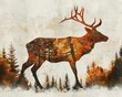 A majestic stag silhouette filled with an autumn forest scene blending the animal with its natural habitat through color