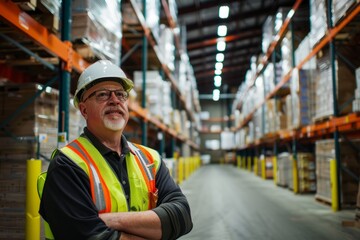 A man standing in a warehouse with his arms crossed, overseeing operations on the warehouse floor to ensure smooth logistics processes