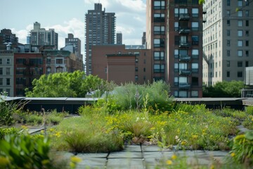 Wall Mural - A midrange shot of a cityscape seen from a rooftop garden with a green roof installation, showcasing urban greening initiatives to mitigate the urban heat island effect