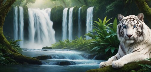 Wall Mural -   A stunning portrait of a majestic white tiger perched upon a rocky outcrop, surrounded by cascading waterfalls