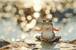 Frog doing yoga on nature bokeh background near lake. ai generative
