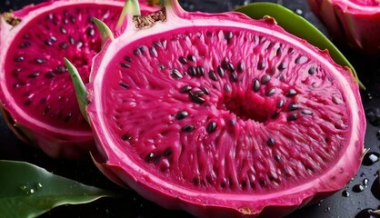    a cut dragon fruit on a dark background with water droplets surrounding it