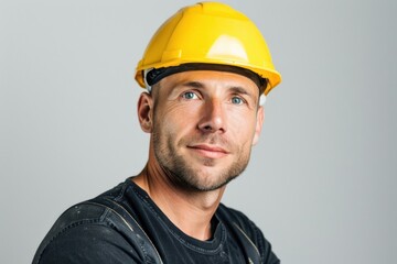 Wall Mural - determined Occupational Health and Safety Specialist with short hair and a yellow hard hat. ai generative