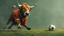 Surreal Of A Bull Soccer Player On Lush Green Pitch With Studio Lighting