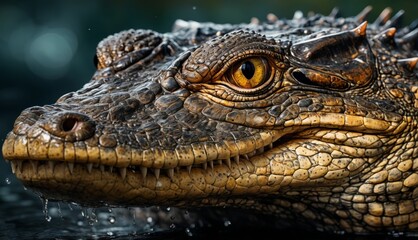 Wall Mural -   A high-resolution close-up image of an alligator's face with water droplets splashing onto its snout against a dark background