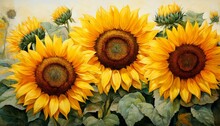   A Painting Of Three Yellow Sunflowers In The Foreground Against A Yellow Wall Background