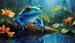   A blue frog sits atop a log in the center of a pond amidst an array of blooms and greenery