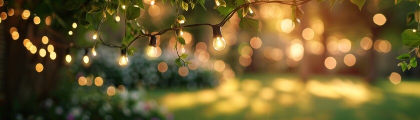 Outdoor party string lights hanging in backyard on green evening bokeh background with copy space. ai generative