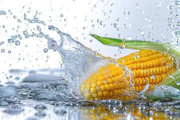 Wall Mural - Falling corn vegetable meets water in a splash on white background