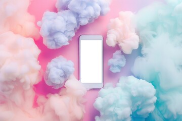 Poster - smartphone with mockup white screen in dreamy pastel color clouds