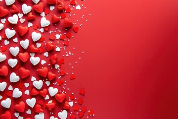 Poster - Valentines day frame background. Many red and white hearts on red background