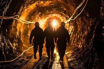 Miners with headlamps entering underground gold mine