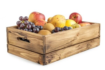 Wall Mural - wooden box with fresh fruits isolated on solid white background