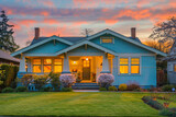 Fototapeta  - Soft evening hues reflecting off a light blue Craftsman style house, suburban routine slowing as the sky turns shades of pink and orange, peaceful end to a busy day