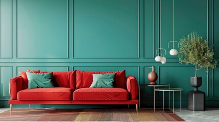 Wall Mural - A living room with a green wall and a red couch. The couch is covered in pillows and has a green pillow on it. There is a vase on a table and a potted plant on the floor