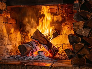 A fire is burning in a brick fireplace, with logs stacked around it. The fire is orange and yellow, and the logs are black and charred. The scene is cozy and warm