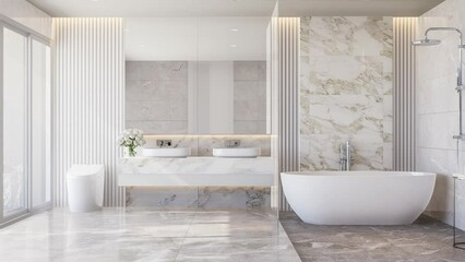 Poster - Animation of modern style luxury white bathroom with marble stone 3d render large window natural light into the room