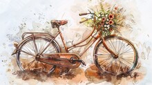 A Vintage Bicycle With A Basket Full Of Flowers. The Bicycle Is Old And Rusty, But The Flowers Add A Touch Of Color And Life To The Scene. Concept Of Nostalgia And The Beauty Of Nature