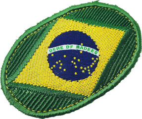 Brazilian military patch with green and yellow design cut out on transparent background