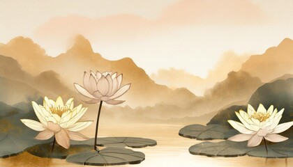 Canvas Print - chinese ink water lily and lotus flower background