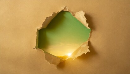 Wall Mural - a hole in vintage paper with torn edges close up with a green vibrant color background inside