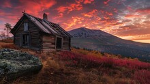 Fiery Sunset Skies Crown An Old Wooden Cabin, A Forgotten Relic Framed By Autumn's Embrace.