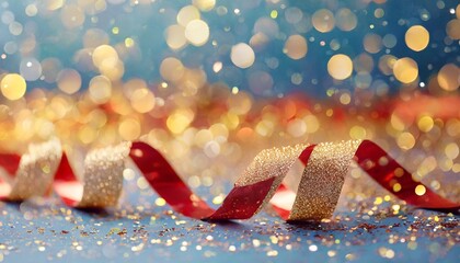 Wall Mural - christmas holidays red and gold festive background with ribbons and shine glitter christmas new year winter holidays blue background with golden glitter bokeh selective focus