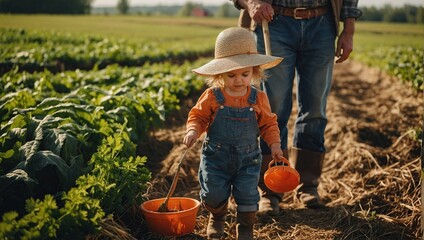 A little farm boy on an eco-farm is harvesting crops on a beautiful sunny day.