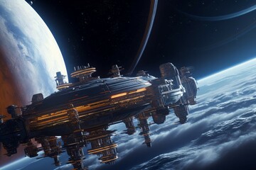 Wall Mural - futuristic space station orbiting a gas giant planet with astronauts conducting experiments.