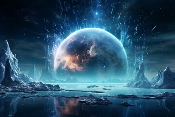Wall Mural - frozen planet with towering ice formations and dazzling auroras.